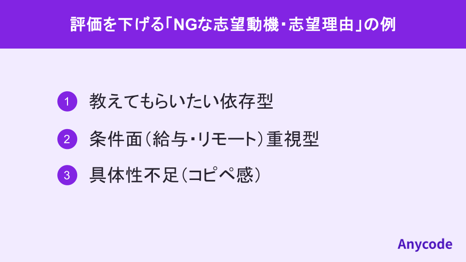 評価を下げる「NGな志望動機・志望理由」の例
